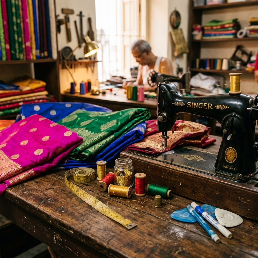 Tailoring work, fabrics and stitching machine in Anu's studio